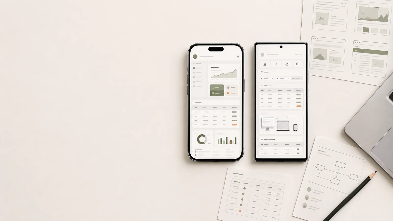 Hero för webbapp med iPhone och Android, dashboard, admin och responsiva flöden på höger sida.