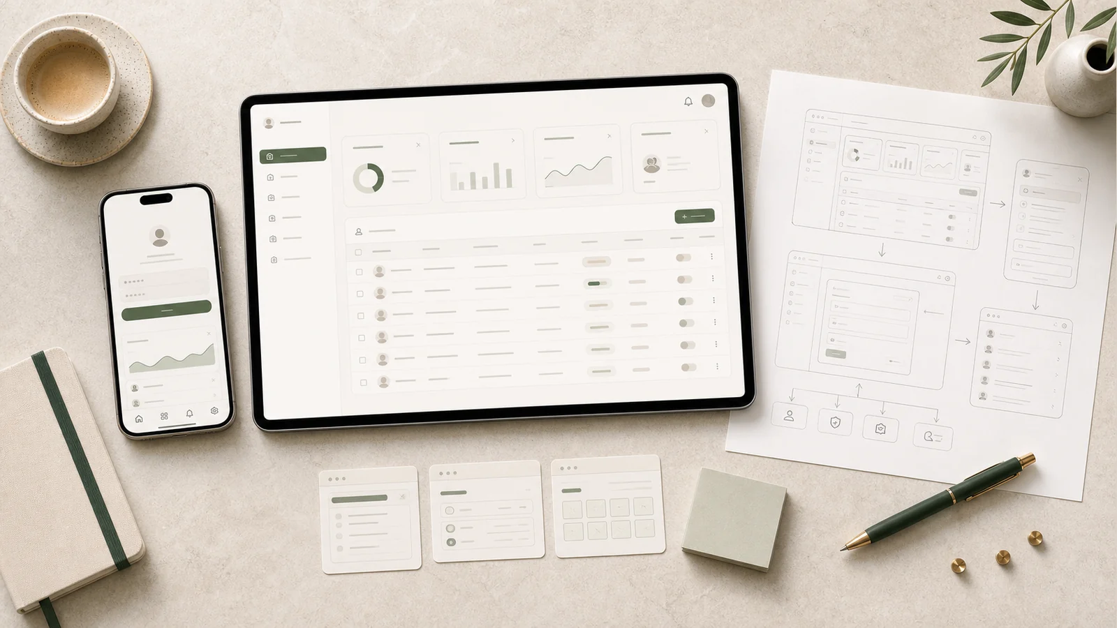 webbapp visualiserad med dashboard, admin och responsiva flöden, scope och mobilflöden på skrivbord.